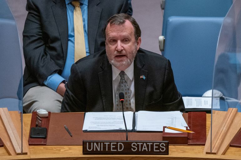 Ambassador Richard M. Mills Jr., Deputy Representative of the United States of America to the United Nations speaks at the UN Security Council’s emergency meeting at the United Nations Headquarters in New York City