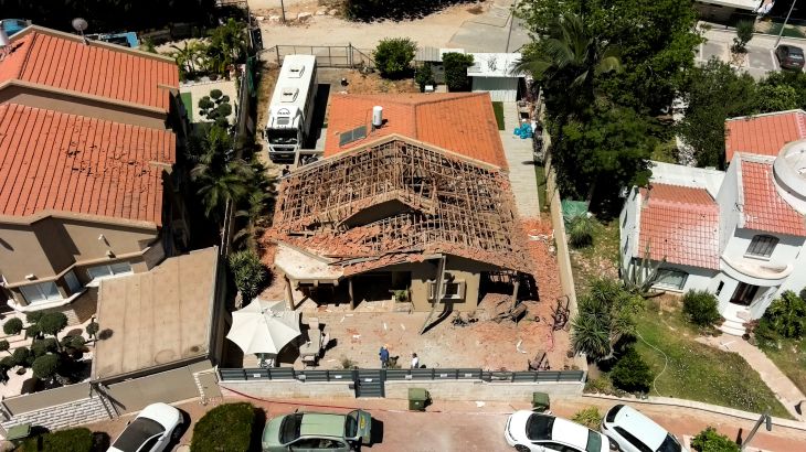 A drone picture shows the damaged house of El-Gazar family after a rocket was fired from Gaza towards Israel, in Sderot