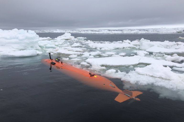 Rán, a Kongsberg HUGIN autonomous underwater vehicle, amongst sea ice in front of Thwaites Glacier, after a 20-hour mission mapping the seafloor. (Credit: Anna Wåhlin/University of Gothenburg).