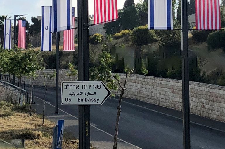U.S Embassy Jerusalem - stock photo The Israeli and American flags at the opening of the Embassy in Jerusalem May 2018. gettyimages-1007294374