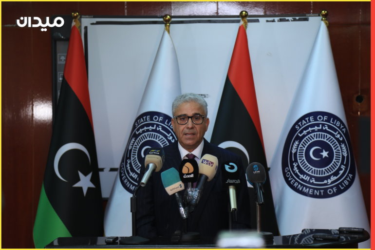 Prime Minister-designate by Libyan House of Representatives Fathi Bashagha- - SIRTE, LIBYA - MAY 17: Fathi Bashagha, Prime Minister-designate by the eastern-based Libyan House of Representatives in Tobruk, makes a statement during a press conference in Sirte, Libya on May 17, 2022, regarding the clashes between the supporters of the Government of National Unity and the armed groups that supported him after his arrival in Tripoli.