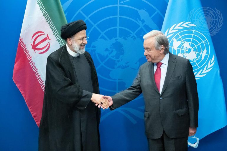 In this handout photo courtesy of the United Nations, United Nations Secretary-General Antonio Guterres (R) meets with Iranian President Ebrahim Raisi (L) on the sidelines of the 77th session of the United Nations General Assembly at the UN headquarters in New York City on September 22, 2022. (Photo by Evan Schneider / UNITED NATIONS / AFP) / RESTRICTED TO EDITORIAL USE - MANDATORY CREDIT "AFP PHOTO / Evan Schneider / United Nations" - NO MARKETING NO ADVERTISING CAMPAIGNS - DISTRIBUTED AS A SERVICE TO CLIENTS
