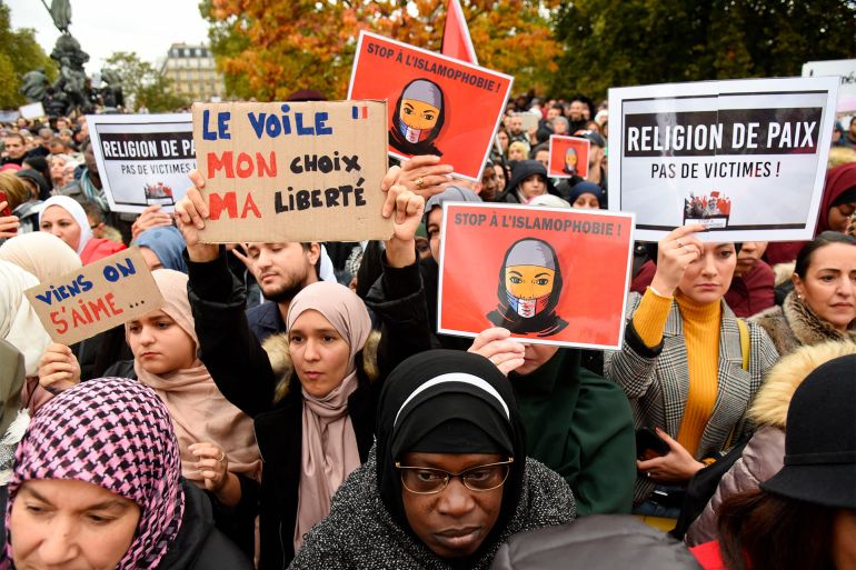 People demonstrate against Islamophobia in the Place de la République in Paris on October 19, 2019. Credit: Abaca Press/Sipa USA/AP