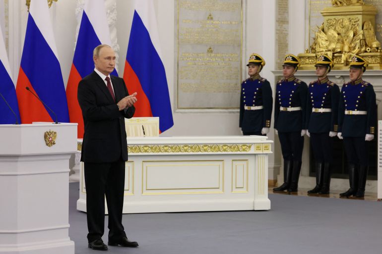 Russian President Vladimir Putin attends a ceremony to declare the annexation of the Russian-controlled territories of four Ukraine's Donetsk, Luhansk, Kherson and Zaporizhzhia regions, after holding what Russian authorities called referendums in the occupied areas of Ukraine that were condemned by Kyiv and governments worldwide, in the Georgievsky Hall of the Great Kremlin Palace in Moscow, Russia, September 30, 2022. Sputnik/Mikhail Metzel/Pool via REUTERS ATTENTION EDITORS - THIS IMAGE WAS PROVIDED BY A THIRD PARTY.