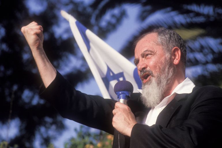 Discours du rabbin Meir Kahane le 28 mai 1990 à Rishon LeZion, Israël. (Photo by Esaias BAITEL/Gamma-Rapho via Getty Images)