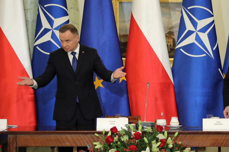 Polish President Andrzej Duda speaks during a meeting of the security committee in connection with the missile attack on the territory of Poland