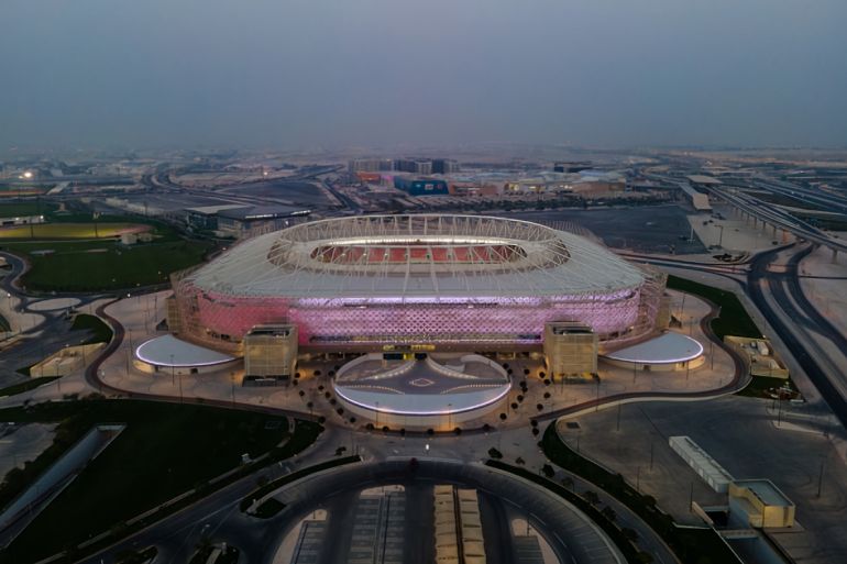 DOHA, QATAR - JUNE 23: (EDITORS NOTE: This photograph was taken using a drone) An aerial view of Ahmad Bin Ali stadium at sunset on June 23, 2022 in Al Rayyan, Qatar. Ahmad Bin Ali stadium, designed by Pattern Design studio is a host venue of the FIFA
