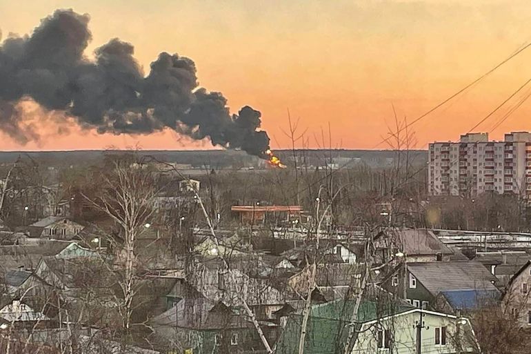 Smoke rises over a fire near an airfield. According to Kursk Region Governor Roman Starovoit, an oil tank caught fire near the airfield after a drone attack. Kursk, Russia, December 6, 2022. Photo by Tass