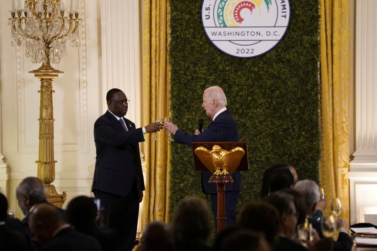 U.S. President Joe Biden gives a toast during the U.S.-Africa Leaders Summit dinner in the East Room at the White House in Washington