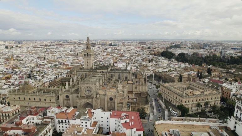 An aerial view of the cathedral in the beautiful city of Seville, Andalusia, Spain