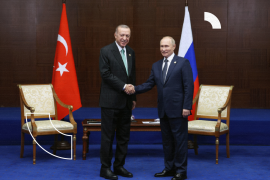 Russia's President Vladimir Putin and Turkey's President Tayyip Erdogan meet on the sidelines of the 6th summit of the Conference on Interaction and Confidence-building Measures in Asia (CICA), in Astana, Kazakhstan October 13, 2022. Sputnik/Vyacheslav Prokofyev/Pool via REUTERS ATTENTION EDITORS - THIS IMAGE WAS PROVIDED BY A THIRD PARTY.