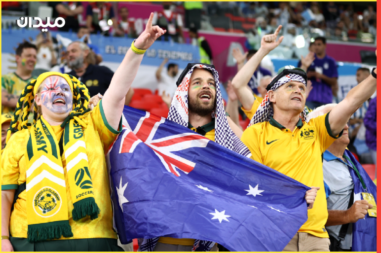 DOHA, QATAR - DECEMBER 03: Australia fans show their support prior to the FIFA World Cup Qatar 2022 Round of 16 match between Argentina and Australia at Ahmad Bin Ali Stadium on December 03, 2022 in Doha, Qatar. (Photo by Robert Cianflone/Getty Images for Football Australia)