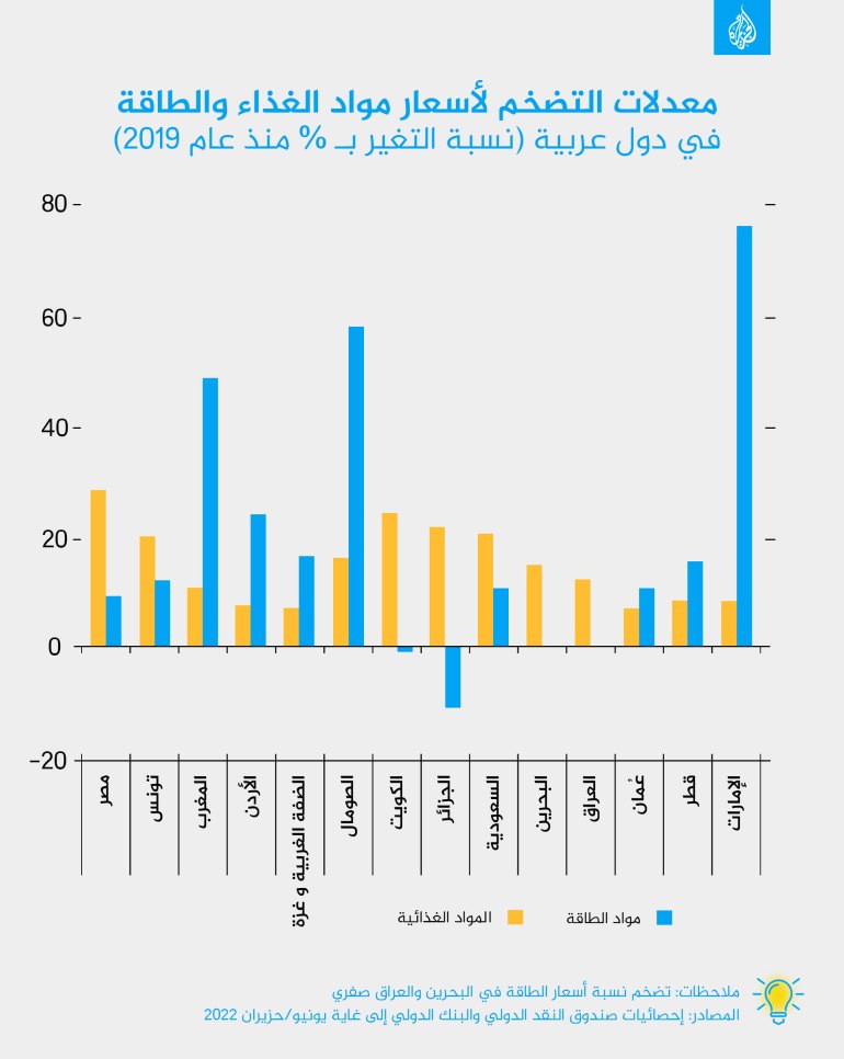 معدلات التضخم لأسعار مواد الغذاء والطاقة في دول عربية