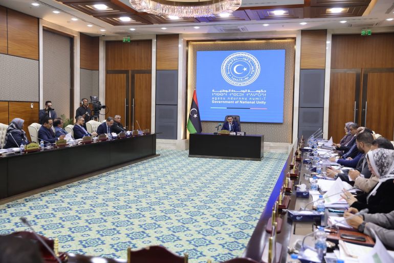 Prime Minister of Libya Abdulhamid Dibeybe speaks during ministers cabinet meeting