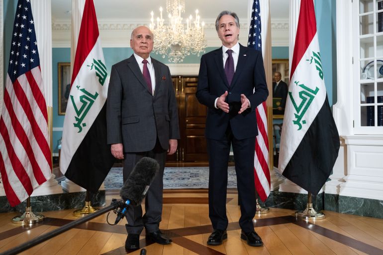 US Secretary of State Antony Blinken and Iraqi Foreign Minister Fuad Hussein speak to the media prior to a meeting, in the Treaty Room of the US State Department in Washington, DC, on February 9, 2023. (Photo by SAUL LOEB / AFP)