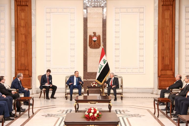 Russian Foreign Minister Sergei Lavrov meets with Iraqi President Abdul Latif Rashid in Baghdad, Iraq February 6, 2023. Russian Foreign Ministry/Handout via REUTERS ATTENTION EDITORS - THIS IMAGE WAS PROVIDED BY A THIRD PARTY. NO RESALES. NO ARCHIVES. MANDATORY CREDIT.