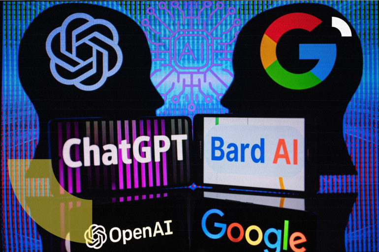 Google Bard VS OpenAI ChatGPT displayed on Mobile with Openai and Google logo on screen seen in this photo illustration. On 7 February 2023 in Brussels, Belgium.