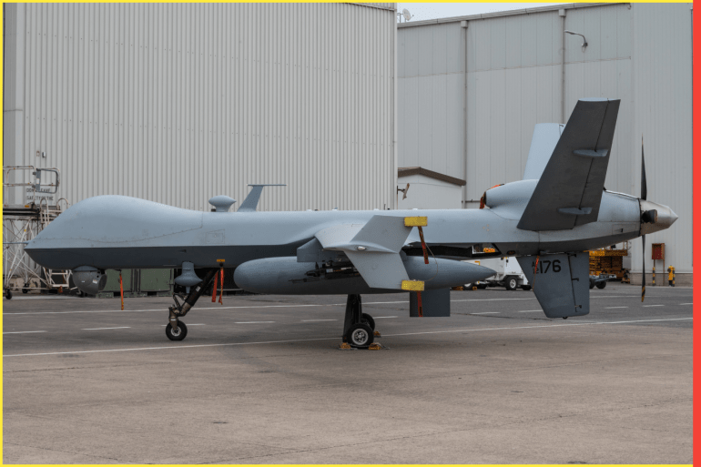 CATANIA, ITALY - APRIL 29: An Mq-9 Reaper type drone at the Naval Air Station (NAS) at Sigonella, Sicily, the best equipped American intervention base in the Mediterranean on April 29, 2022 in Catania, Italy. Almost 2200 American soldiers and their families live on the US Naval base on the Italian island of Sicily. (Photo by Fabrizio Villa/Getty Images)