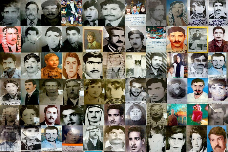 DUJAIL, IRAQ - OCTOBER 8: A compilation of portraits shows most of the 143 Iraqis allegedly executed under orders of Saddam Hussein after a failed assassination attempt in 1982 on October 8, 2005 in Dujail, 35 miles north of Baghdad. On October 19 Saddam Hussein will be tried in Baghdad for ordering the killing of 143 people from the town of Dujail in revenge for a 1982 assassination attempt on him there.(Photo by Muhannad Fala'ah/Getty Images)