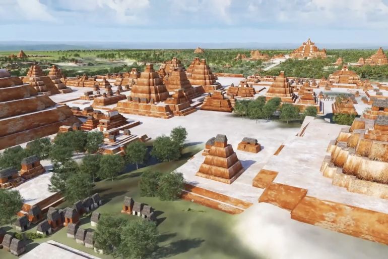 An artist rendering shows a reconstruction of what would have been ancient Maya cities nestled in the area known as the Mirador-Calakmul Karst Basin (MCKB) of northern Guatemala and southern Campeche, Mexico, after a study using LiDAR laser technology by seven foundations and organisations, in this undated handout image. FARES USA/Handout via REUTERS
