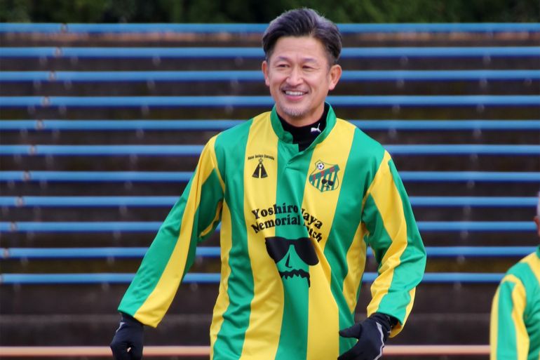 epa10443589 Japanese striker Kazuyoshi Miura smiles during a memorial match in Shizuoka, Japan, 15 January 2023 (issued 02 February 2023). At almost 56, Kazuyoshi Miura will play for Portugual's second division soccer club Oliveirense on a loan from J-League Yokohama FC. EPA-EFE/JIJI PRESS JAPAN OUT EDITORIAL USE ONLY/