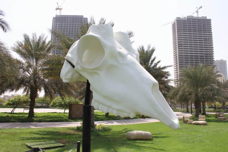 Sharjah, United Arab Emirates - September 5, 2020: Arabian camel skull made of fiberglass on display as a scientific installation at Al Majaz Waterfront park, located in the heart of Sharjah city.