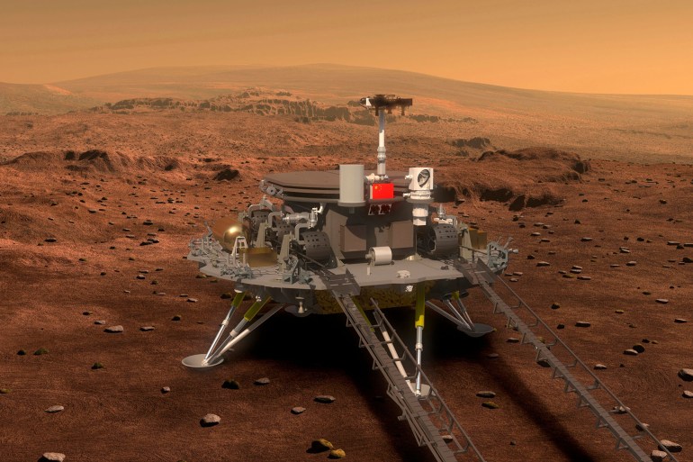 The Mars landing platform and the Chinese Zhurong rover are seen in this illustration released in 2016 by China's State Administration of Science, Technology and Industry for National Defense. The rover is named after the god of fire from ancient Chinese mythology, which reflects the Chinese name for the red planet, Huoxing, meaning planet of fire.