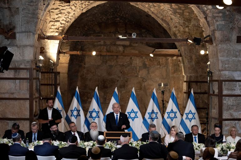 Israel's Prime Minister Benjamin Netanyahu speaks at the weekly cabinet meeting in the Old City of Jerusalem