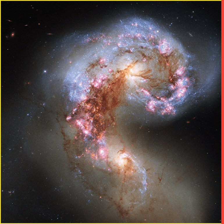 صورة رصدها تلسكوب هابل الفضائي لمجرتَي الهوائيات (Antennae Galaxies)، ونتجت عن اصطدامها مجموعة من النجوم الجديدة التي تتبدى متلألئة على هيئة وميض من اللون الأزرق الفاتح.