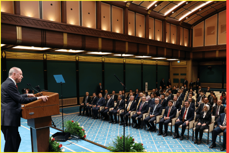 Turkish President Recep Tayyip Erdogan- - ANKARA, TURKIYE - JUNE 06: Turkish President Recep Tayyip Erdogan speaks following the first cabinet meeting with the attendance of new cabinet members after his reelection on May 28, at the Presidential Complex in Ankara, Turkiye on June 06, 2023.