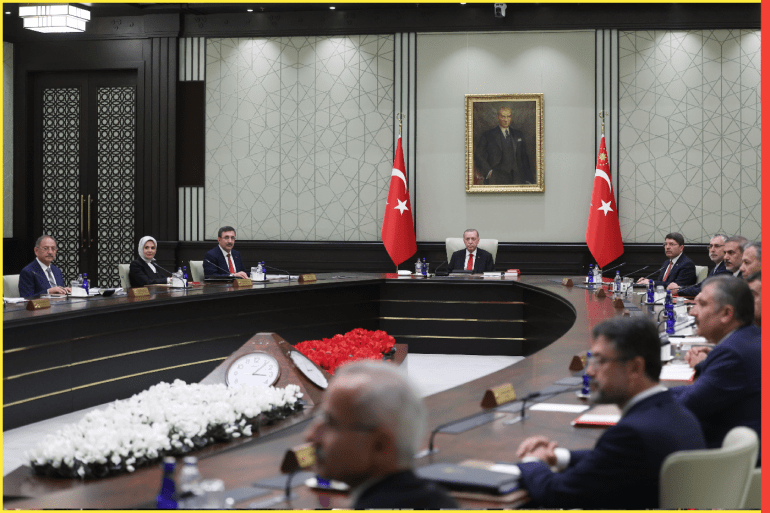 Turkiye's new Cabinet holds 1st meeting- - ANKARA, TURKIYE - JUNE 6: Turkish President Recep Tayyip Erdogan chairs the first cabinet meeting with the attendance of new cabinet members after his reelection on May 28, at the Presidential Complex in Ankara, Turkiye on June 06, 2023.