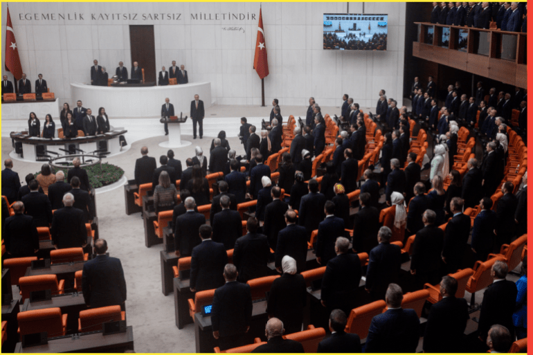 ANKARA, TURKEY - JUNE 03: President Recep Tayyip Erdogan listens to the national anthem after taking an oath during the swearing in ceremony at parliament on June 03, 2023 in Ankara, Turkey. President Erdogan won a near five-year presidential term on May 28, after being forced into a runoff by a strong showing from the main opposition candidate, Kemal Kilicdaroglu. Erdogan has been in power for more than two decades, first as prime minister until 2014, then as president. (Photo by Chris McGrath/Getty Images)