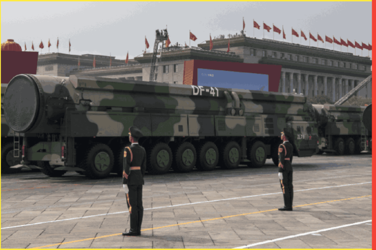 BEIJING, CHINA - OCTOBER 01: The Chinese military's new DF-41 intercontinental ballistic missiles, that can reportedly reach the United States, are seen at a parade to celebrate the 70th Anniversary of the founding of the People's Republic of China in 1949, at Tiananmen Square on October 1, 2019 in Beijing, China. (Photo by Kevin Frayer/Getty Images)