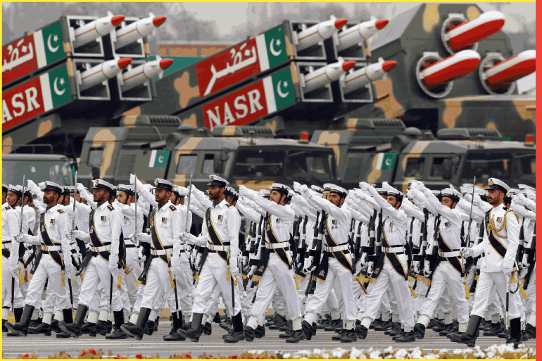 Pakistani Navy soldiers march past the Nasr solid fuelled tactical ballistic missile system during Pakistan Day military parade in Islamabad, Pakistan March 23, 2019. REUTERS/Akhtar Soomro