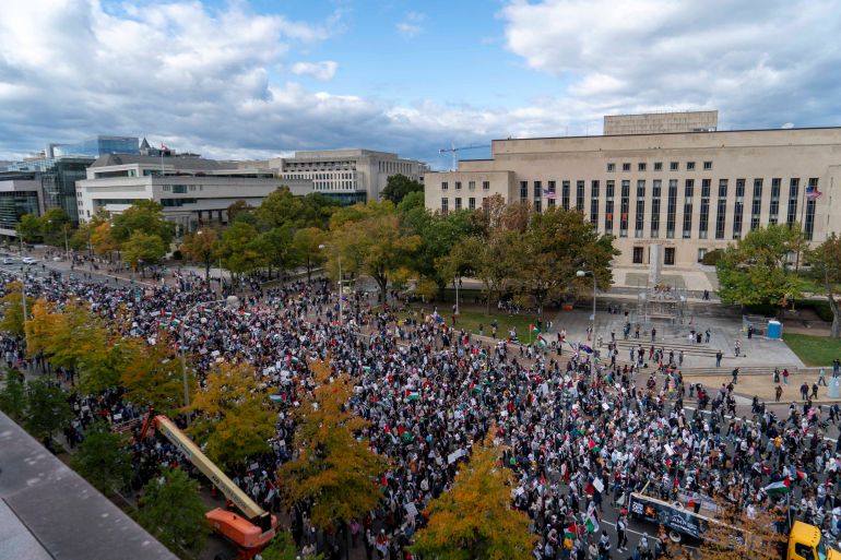 A rally held by American Muslims for Palestine calling for a cease fire in Gaza marches down Pennsylvania Avenue in Washington, U.S., October 21, 2023. REUTERS/Bonnie Cash