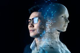Artificial intelligence, futuristic digital technology human and robot face close up, digital smart world metaverse concept