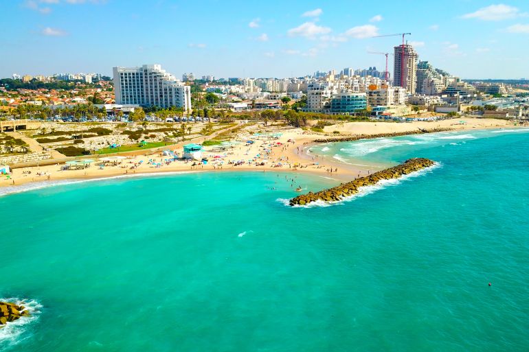 Aerial view of the coastal strip Bar Kokhva beach, Ashkelon, Israel at July 2019.