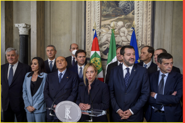 ROME, ITALY - OCTOBER 21: Giorgia Meloni, Fratelli d’Italia leader, Silvio Berlusconi, Matteo Salvini, Licia Ronzulli, Francesco Lollobrigida, Maurizio Lupi and other members of right-wing coalition speak to the media after the meeting with Italian President Sergio Mattarella during the second day of consultations at Quirinale Palace, on October 21, 2022 in Rome, Italy. The President of the Italian Republic Sergio Mattarella will begin his consultations for the formation of the country's new government after the historic victory of the political right in the September 25 legislative elections. (Photo by Antonio Masiello/Getty Images)