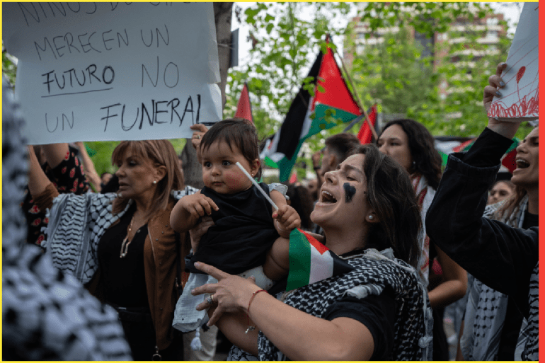 Pro-Palestine demonstration in Chile- - SANTIAGO, CHILE - OCTOBER 19: Palestinian community and Chilean supporters protest with Palestinian flags and banners in front of the Israel embassy in Santiago, Chile on October 19, 2023.