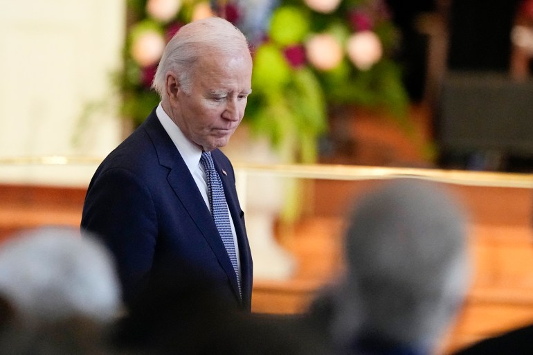US President Joe Biden arrives for a tribute service for former first lady Rosalynn Carter at Glenn Memorial Church at Emory University in Atlanta, Georgia, on November 28, 2023. (Photo by Brynn Anderson / POOL / AFP)