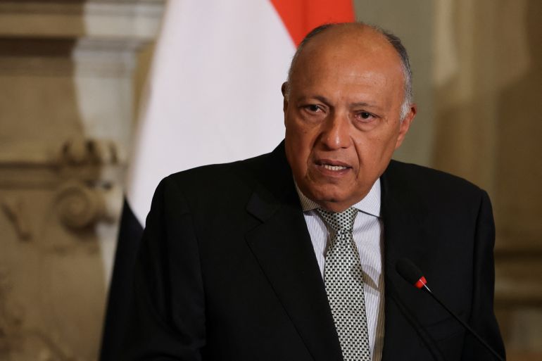 Egyptian Foreign Minister Sameh Shoukry holds a press conference, in Cairo, Egypt January 14, 2024. REUTERS/Mohamed Abd El Ghany