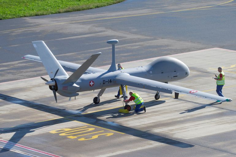 A HERMES 900 HFE drone made by Israeli company Elbit for use in the Swiss reconnaissance system (ADS15) is seen after a certification flight at the Swiss air force base in Emmen, Switzerland September 8, 2022. REUTERS/Arnd Wiegmann