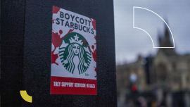 A sticker in Westminster to boycott the cofee giant Starbucks over the perceived support of Israel in the war in Gaza