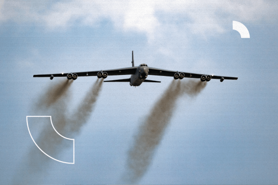 US Air Force Boeing B-52 Stratofortress bomber aircraft performing a low-pass at the Sanicole Sunset Airshow. Belgium - September 13, 2019