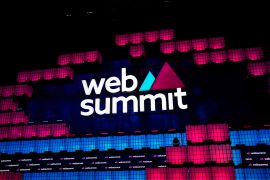The main stage is lit ahead of the opening session of the Web Summit technology conference, in Lisbon, Monday, Nov. 13, 2023. The four-day Web Summit conference opened Monday. (AP Photo/Armando Franca)