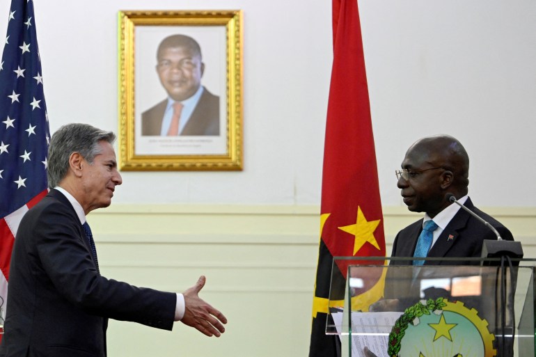 U.S. Secretary of State Antony Blinken holds a press conference with Angolan Foreign Minister Tete Antonio at the Ministry of Foreign Affairs in Luanda, Angola, January 25, 2024. Andrew Caballero-Reynolds/Pool via REUTERS