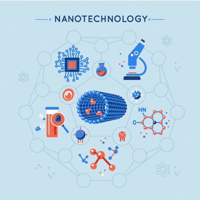 Nanotechnology decorative flat icons set with tube molecule structure microscope elecronics medicine on blue background vector illustration