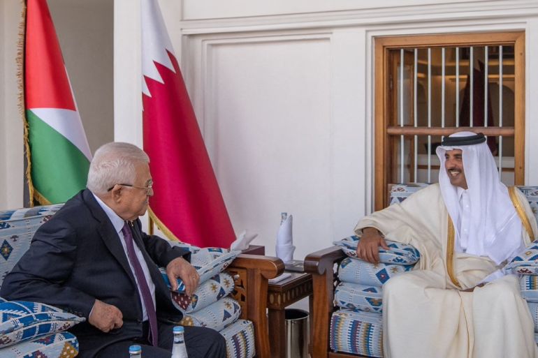 Qatar's Emir Sheikh Tamim Bin Hamad Al Thani meets with Palestinian President Mahmoud Abbas in Doha, Qatar February 12, 2024. Amiri Diwan/Handout via REUTERS THIS IMAGE HAS BEEN SUPPLIED BY A THIRD PARTY