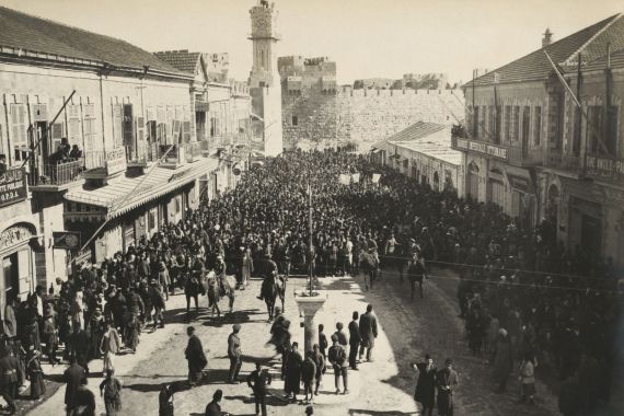 Arab anti-Zionist demonstration leaving Jaffa Gate after Friday prayers in Jerusalem in 1920