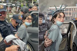 صورتان حقيقية ومرسومة لاعتقال الشرطة الأميركية طالبة في جامعة تكساس (مواقع التواصل)